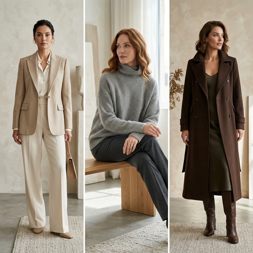 High-end editorial fashion triptych showing three sophisticated autumn outfits for women: a beige structured blazer, a soft grey premium knit sweater, and a deep brown wool coat.